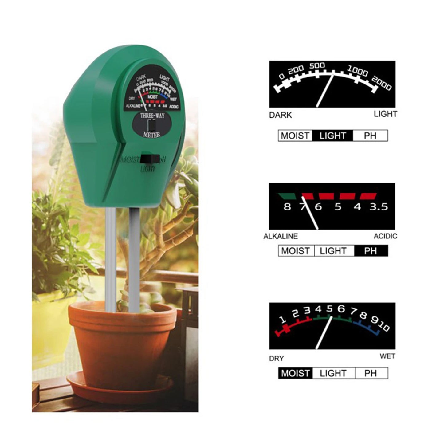 3 in1 Moisture Sunlight PH Meter Soil Water Acidity Humidity Light PH Test Garden Plants Flowers Moist Tester Testing Instrument