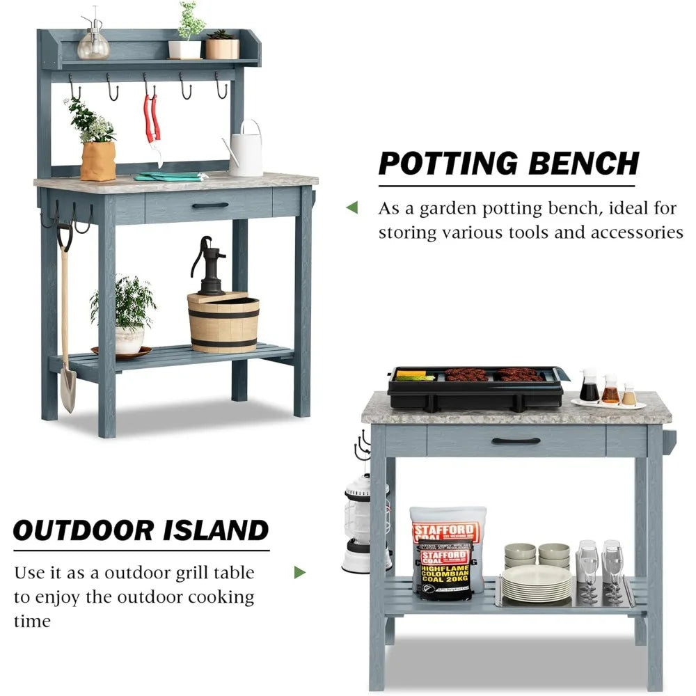 Outdoor Potting Bench Table with Metal Tabletop Planting Table Potting Work Station with Storage Drawer and Removable Shelf Rack