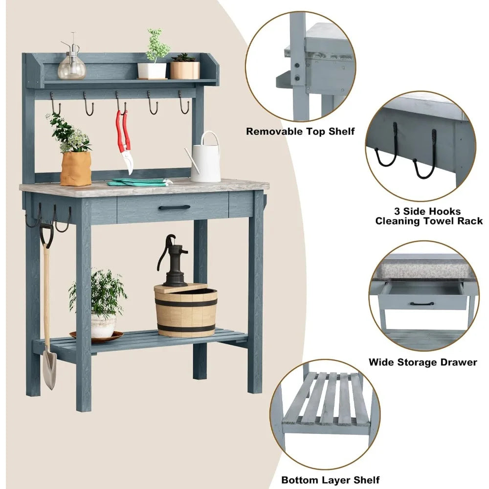 Outdoor Potting Bench Table with Metal Tabletop Planting Table Potting Work Station with Storage Drawer and Removable Shelf Rack